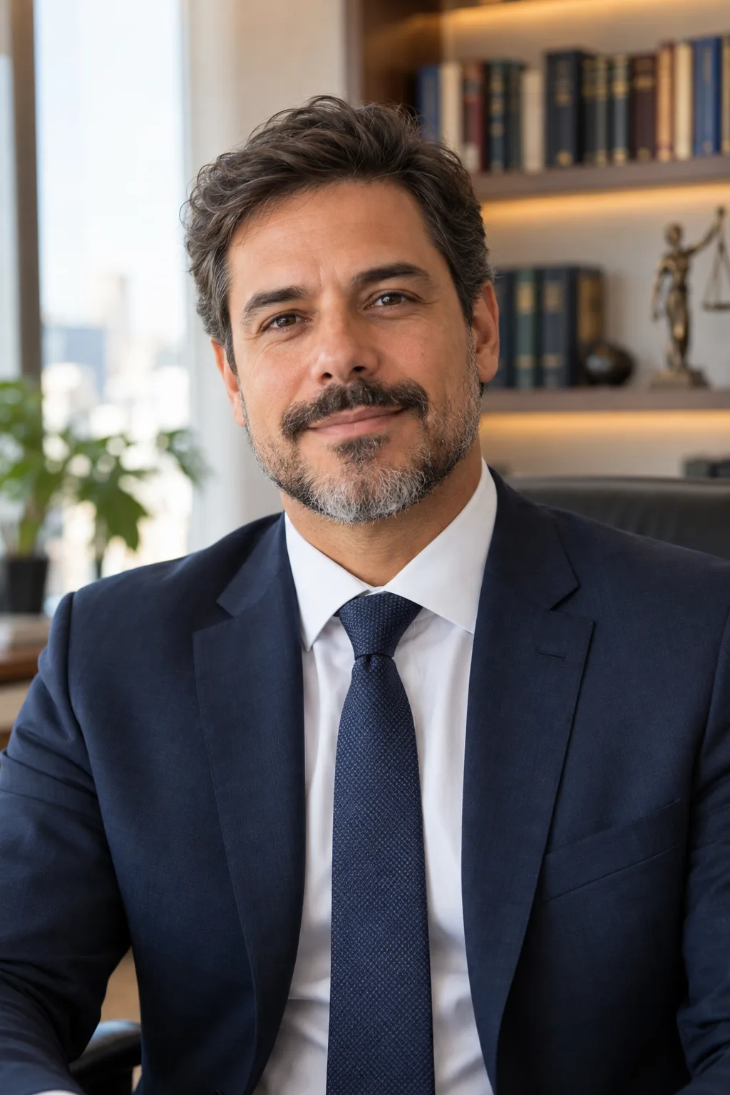 Advogado de terno azul-marinho no escritório