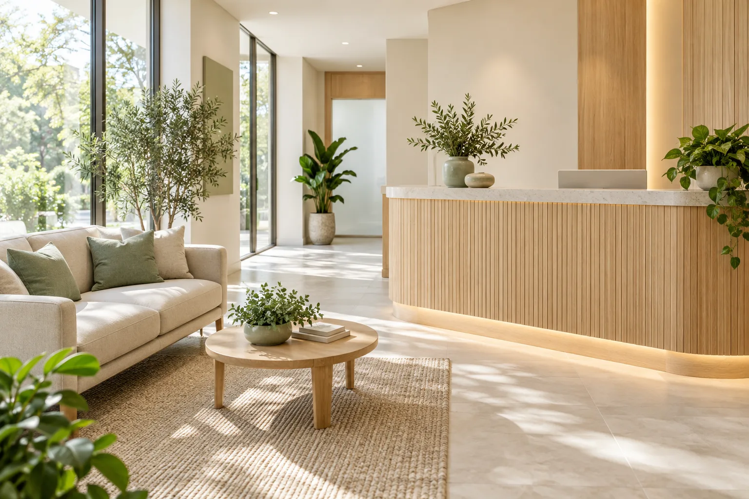 Recepção clara com sofá e plantas